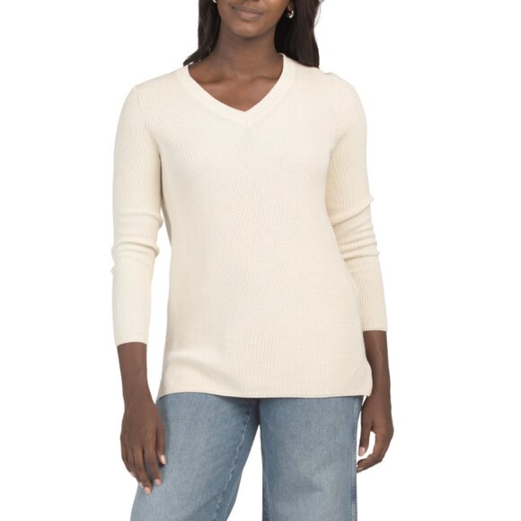 EDINBURGH KNITS Winter White Pima Cotton Ribbed V-neck Sweater - Picture 1 of 2